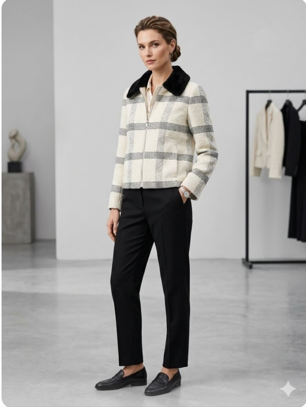 Tory Burch Checked Wool-Blend Jacket with Contrast Collar - Cream/Black